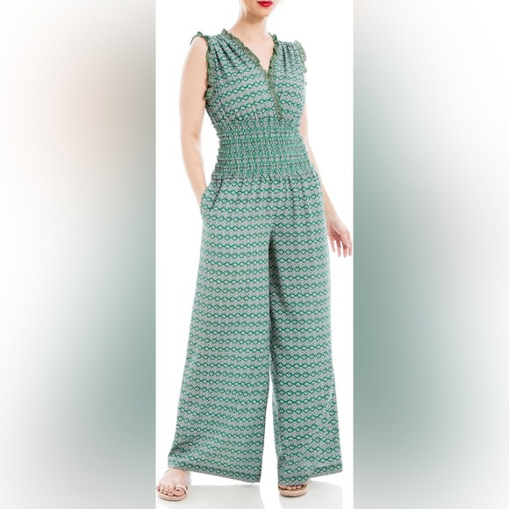 MAX STUDIO New With Tags Green Patterned Smocked Women's Wide Leg Jumpsuit XS